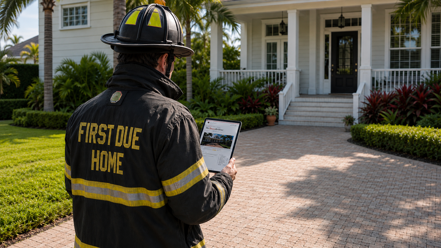 First Due Home Safety member reviewing a Home Health Report on a tablet outside a South Florida home