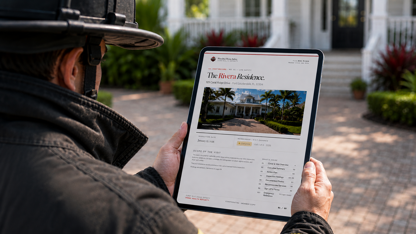 Close-up of a Home Health Report displayed on a tablet during a property visit